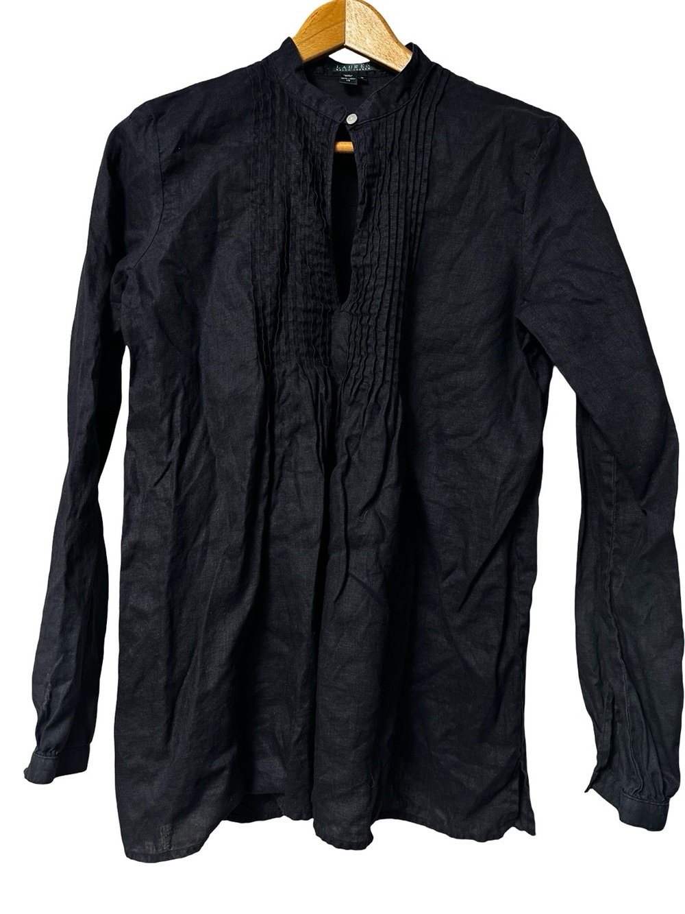 Lauren Ralph Lauren Blouse Black Pintuck Pleated Mandarin Collar Tunic Top SZ M